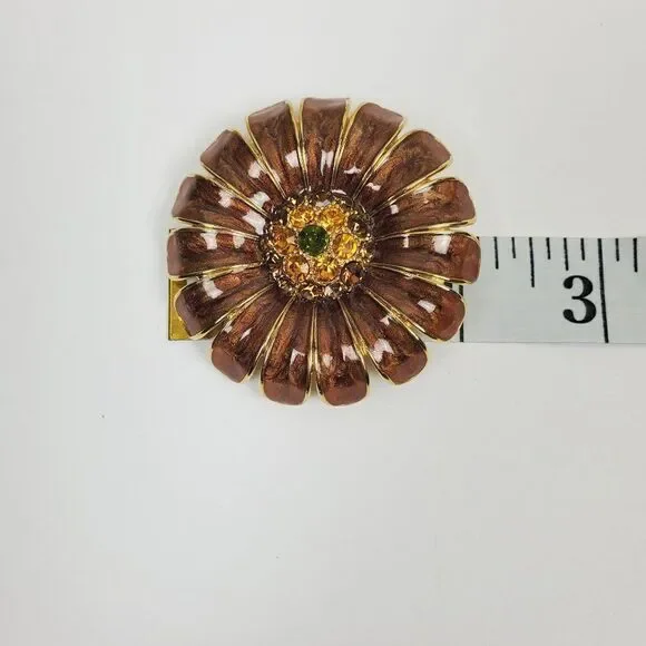 Vintage Brooch Pin Brown Enamel Topaz Yellow Green Rhinestone Floral‎ Large Big - Picture 5 of 8